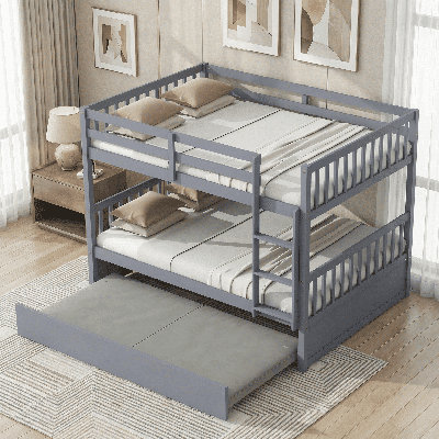 Lit superposé double en bois d'hévéa double avec lit gigogne simple, échelle et garde-corps