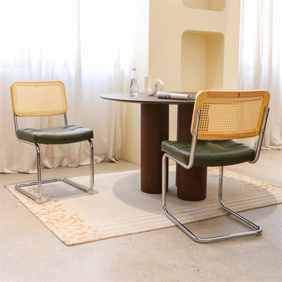 Set of Two Dining Chairs with Rattan Backrest and Legs, Modern Mid Century Design for Dining and Living Spaces