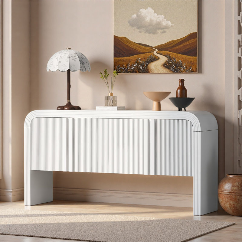 Console avec 4 portes ondulées et tablettes réglables, Blanc