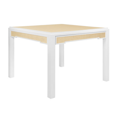 Square Two Drawer Game Table In Matte White Lacquer Frame And Inset Natural Grasscloth