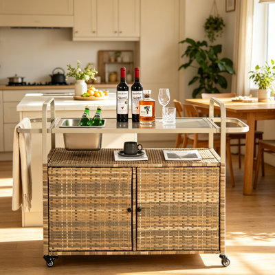 Outdoor Bar Table, Wicker Bar Cart With Cabinet, Patio Serving Cart With Steel Top, With One Ice Bucket,Lockable Wheels, Side Basket