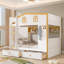 Lit superposé double au-dessus de double avec garde-corps en forme de maison et tablettes et tiroirs de rangement, blanc et naturel-1453902935