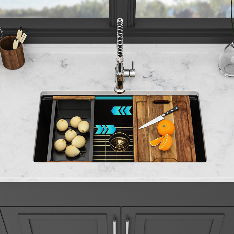 Évier de cuisine encastré 30 po x 19 po 9,47 po à simple cuve en quartz noir, composite granit, réducteur de bruit, surface hygiénique, avec grille inférieure et guide d'installation en composite encastré, conception, pinces