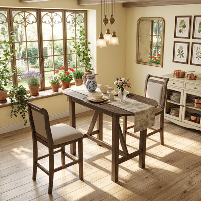 Counter Height Drop Leaf Dining Table Set with 2 Upholstered Chairs, Space Saving Expandable Wood Kitchen Table for Small Spaces