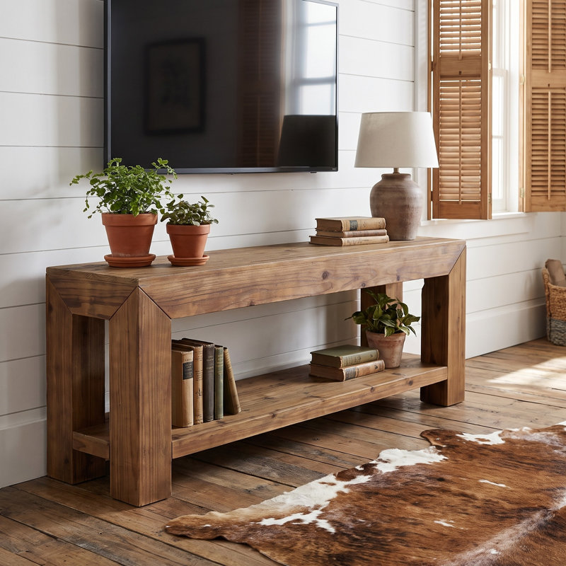Meuble télé 63 po en bois massif pour téléviseur de 75 po ou moins avec tablettes de rangement