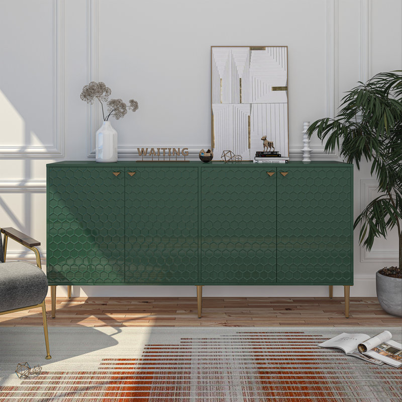 Kuo 64" Wide Sideboard With 4 Door High Gloss Cabinets, Green/Gold