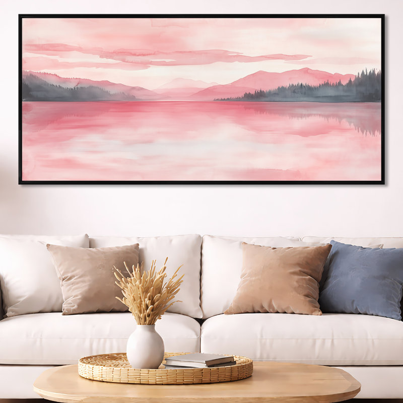 Art mural lac rose, toile de reflet de montagne, lac rose avec montagne, H 28 po x l 60 po, Cadre flottant noir