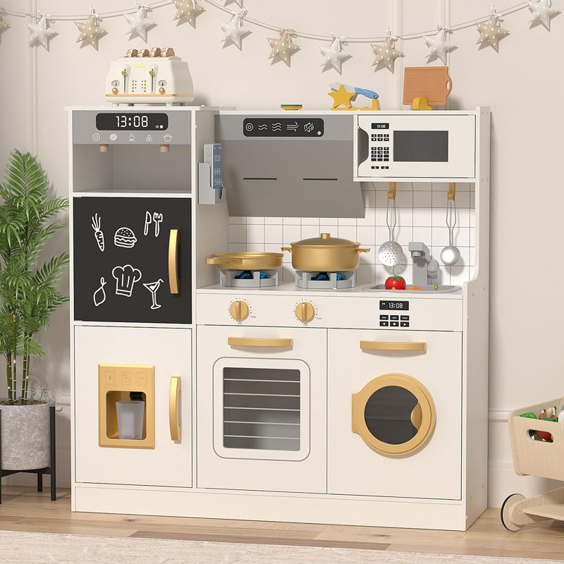 Suteck Play Kitchen, Wooden Kitchen Playset With 28 Pcs Toy Food & Cookware Accessories, Idea Gift For Ages 3+, White