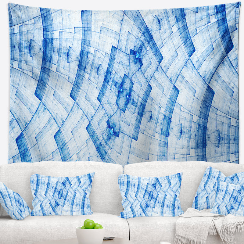 Tapisserie abstraite bleue à motif floral fractal, H 32 po x l 39 po