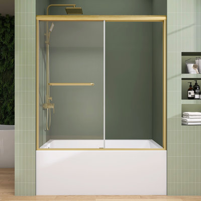 60 In. W X 62 In. H Sliding Tub Door Semi-Frameless Bathtub Glass Shower Door In Gold With 5/16 In. Clear Glass