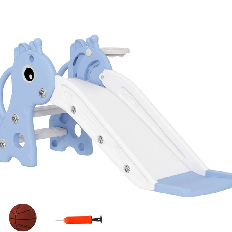 Glissade autoportante avec conception de girafe, 3 étapes, grimpeur, cerceau, construction, surface antidérapante, mains courantes latérales pour plus de stabilité, 1 an et plus approuvé, bleu et blanc, installation facile, entretien, apparence
