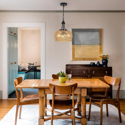 Lustre de style campagnard pour salle à manger, lustre bohème en rotin 3 lumières suspendu avec abat-jour tissé, petit luminaire suspendu en osier de style bord de mer pour le couloir de l'îlot de la cuisine