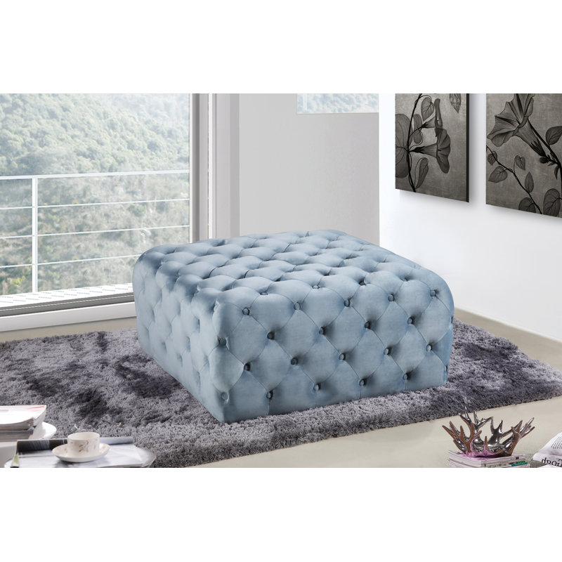 Ariel 33" Wide Velvet Tufted Square Standard Ottoman, Sky Blue Velvet
