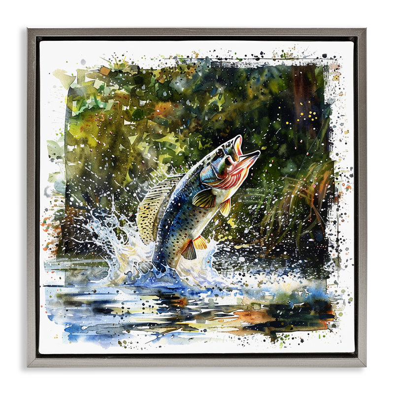  "Splashing Lake Bass", art mural encadré par LSR Design Studio, H 18 po x l 18 po, Cadre flottant gris lustré
