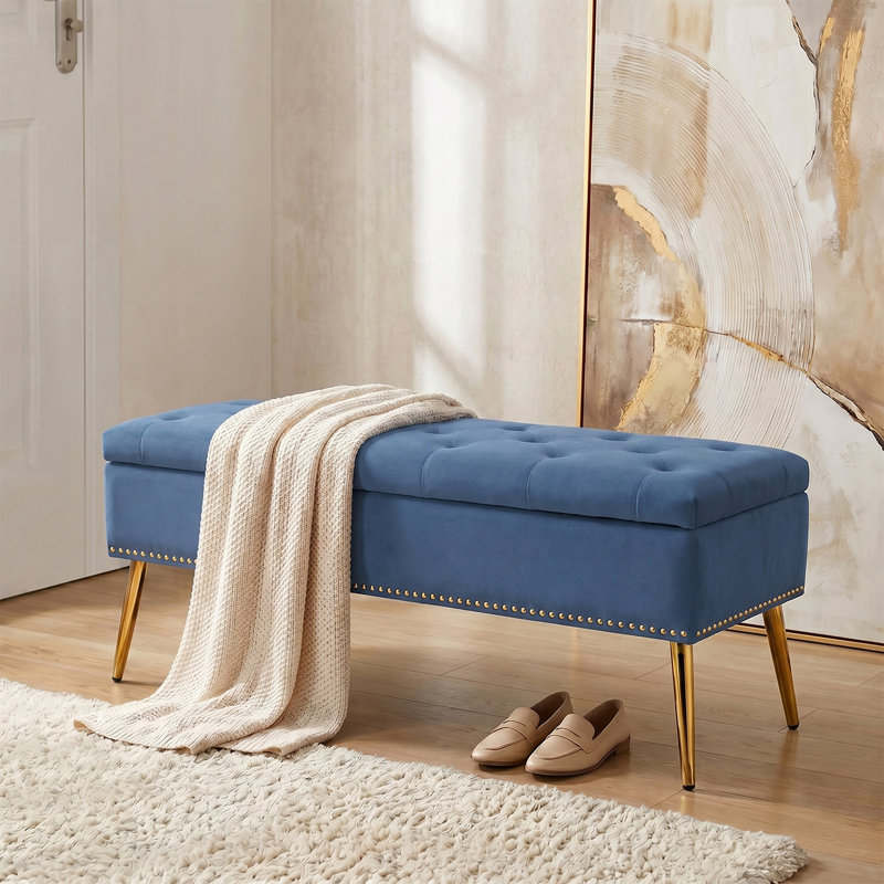 Banc de rangement rembourré en velours Kajana, Bleu ardoise