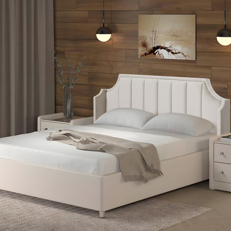 Upholstered Headboard with Nailhead Trim, Beige, Queen
