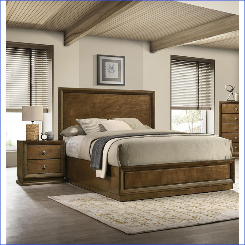 Ensemble de mobilier de chambre à coucher: lit simple transitionnel + 2 tables de chevet, brun noyer | Bois d'ingénierie, bois d'hévéa | Lits standard