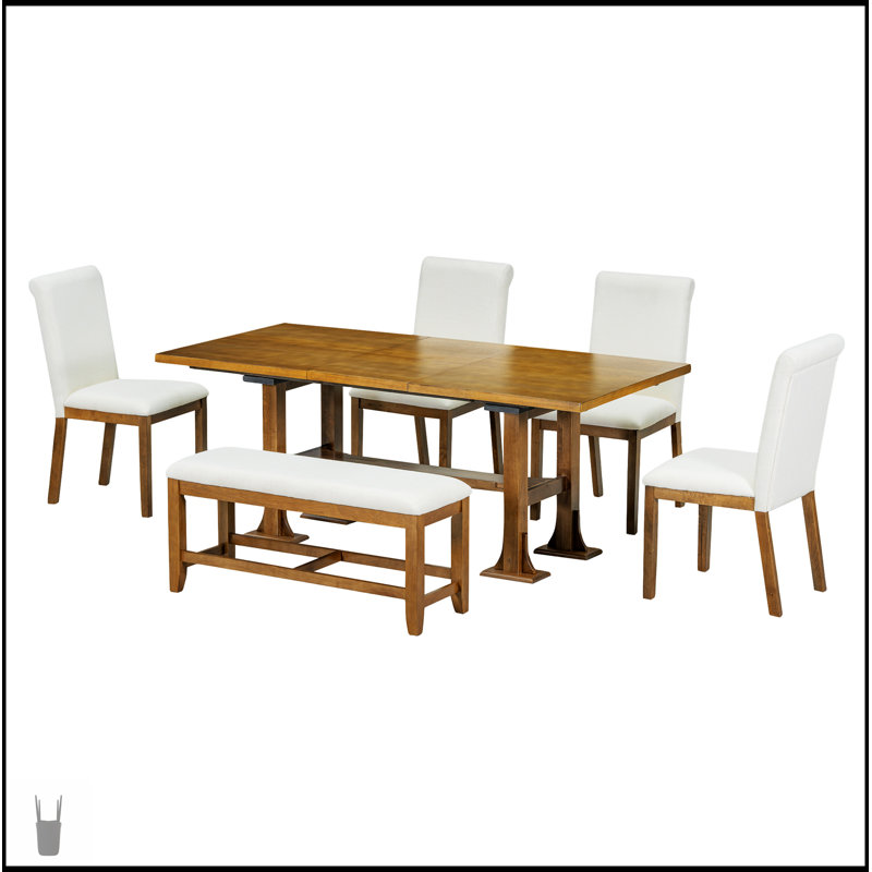 Ensemble de table de salle à manger extensible Farmhouse avec rallonge amovible, chaises rembourrées et banc pour des sièges polyvalents