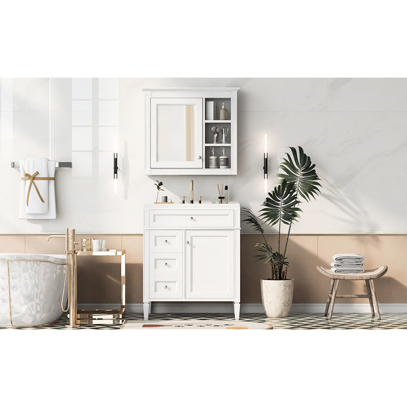 30'' Bathroom Vanity With Practical Assembly Process, 2 Drawers, Mirror Cabinet, Ceramic Sink, White Finish, White, 30"