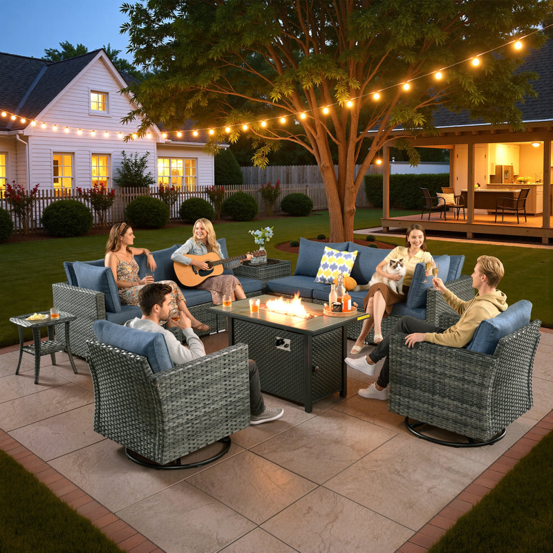 Aliva 8-Person Wicker Seating Group with Water-Resistant Cushions, Blue