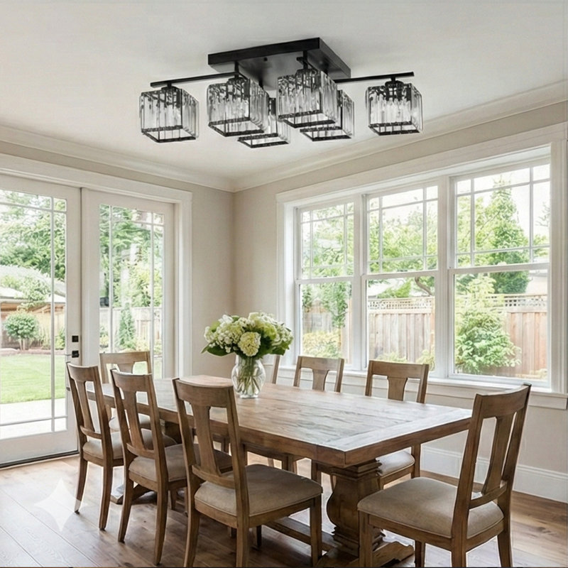 Plafonnier encastré moderne en cristal 6 lumières Cavanagh, Noir, H 8,7 po x l 31,5 po x P 15,7 po, 6 lumières