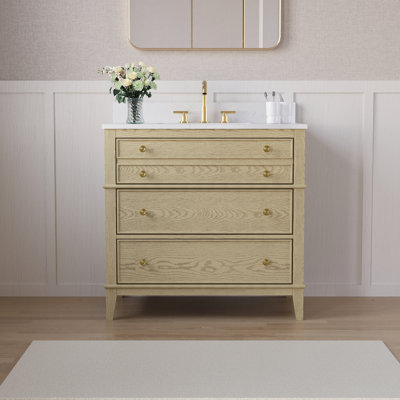 36''Wx35''H Solid Wood Bathroom Vanity With Carrera White Quartz Top,Drawers And Single Sink