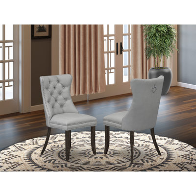 Dallas Parson Kitchen Chairs - Button Tufted Nailhead Light Gray Polyester Fabric Upholstered Dining Chairs, Set of 2, Sand Blasted Black