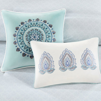 8 Piece Reversible Cotton Comforter Queen Blue - Floral Printed, Euro Shams, No Chemicals Shabby Chic, Two-Tone Print,