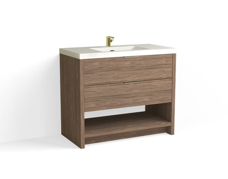 Vue 42" W Freestanding Single Bathroom Vanity, Satin Brass, White Nanomatte, Matte White/8" Widespread