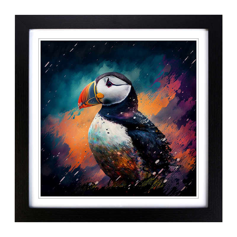 Puffin Grunge - Single Picture Frame Print on Wood, Black