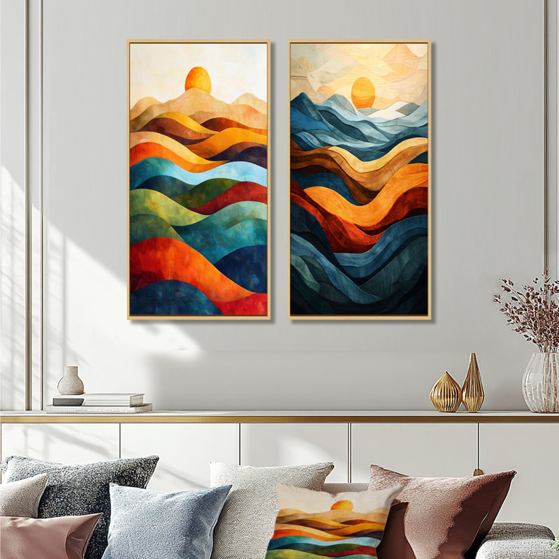 Orange, bleu sarcelle, montagnes audacieuses, paysage I, ensemble de 2 pièces d'art abstrait, H 40 po x l 40 po
