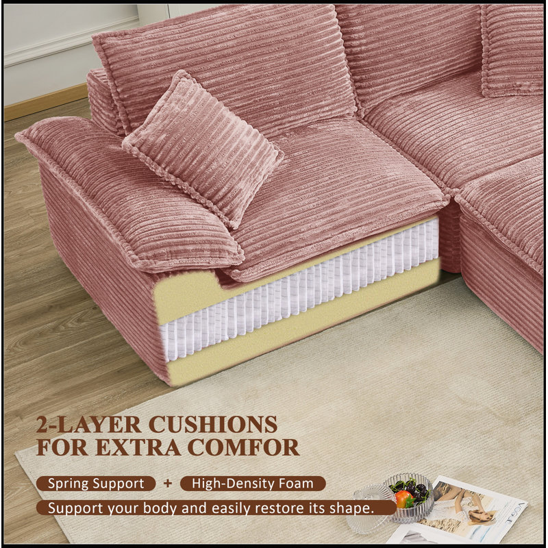 Canapé d'angle en forme de U de 287 cm (113 po) avec pouf amovible, aucun assemblage requis pour le salon, Pink Fabric,Foam