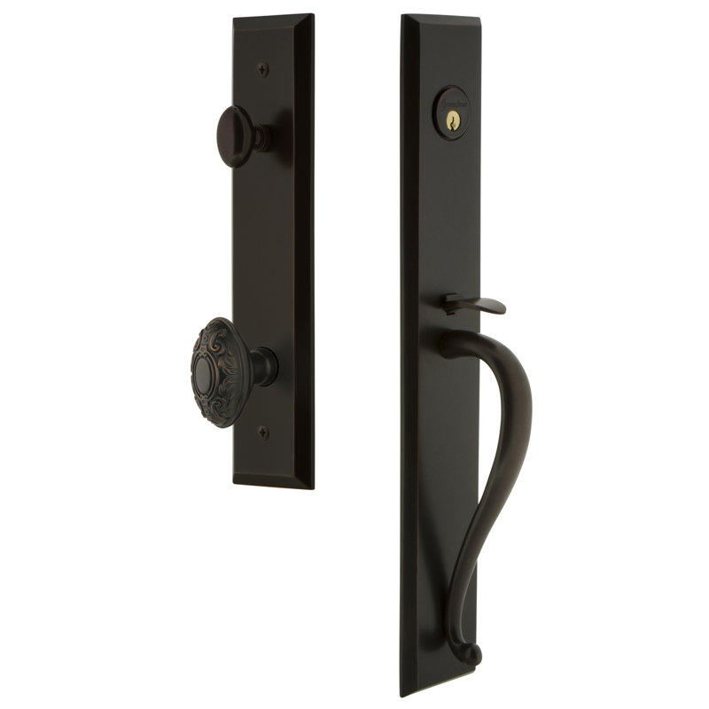 Fifth Avenue Handleset with Single Cylinder Deadbolt and Grande Door Knob and Rosette, 2.75", Timeless Bronze