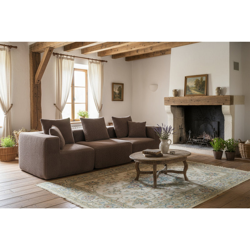 Canapé modulaire surdimensionné à assise profonde - Canapé modulaire entièrement en mousse 3 pièces en tissu texturé doux, assemblage sans outil, profil bas, brun