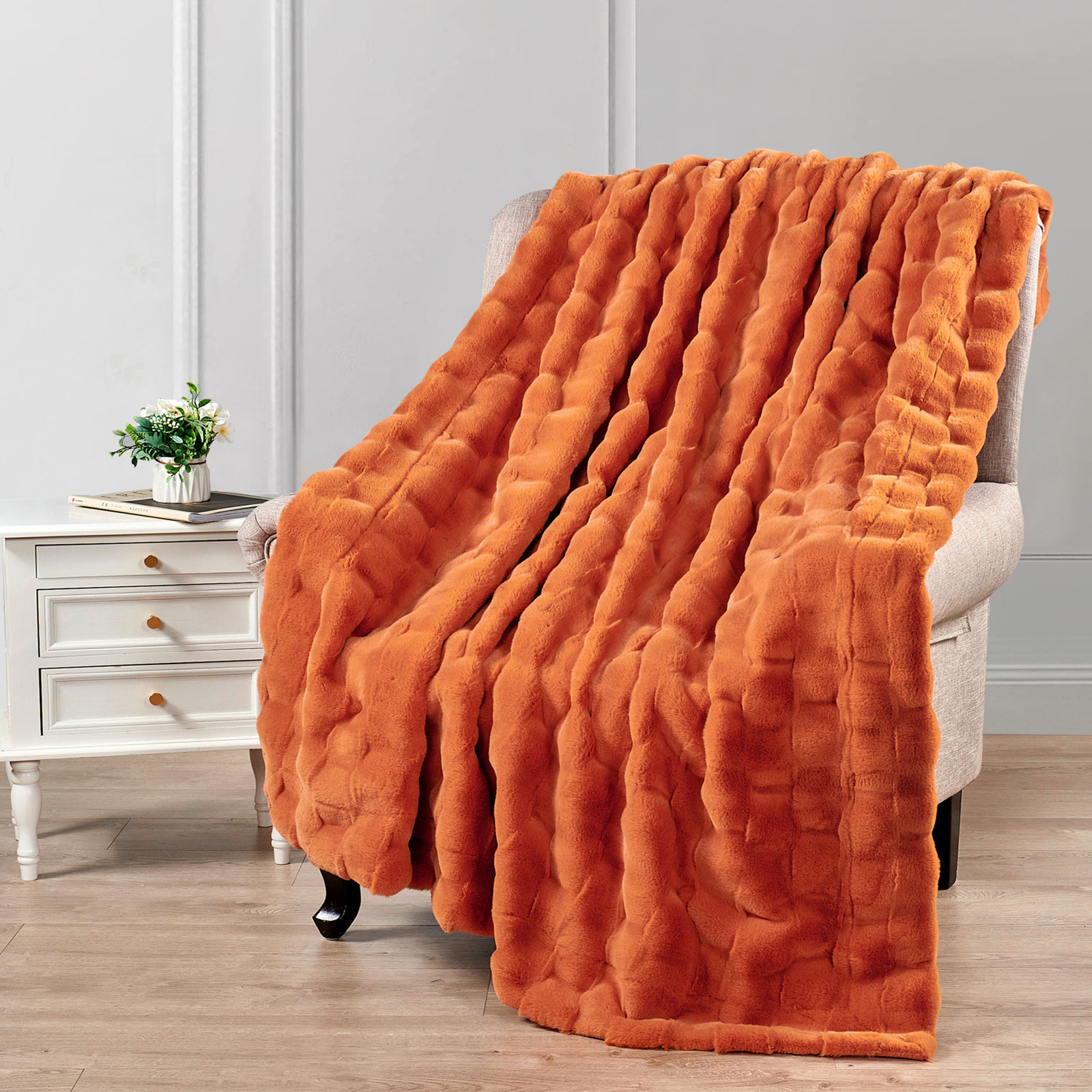 Biscoe Faux Fur Knitted Throw Blanket, Burnt Orange, 60"W x 70"L