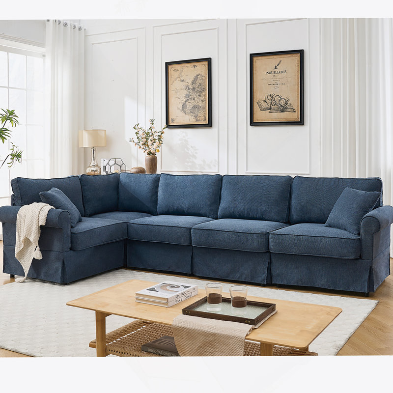 Modular Sectional Sofa Set Convertible L - Shaped 5 - Seat Reversible Rolled Arms Soft Linen, Dark Blue