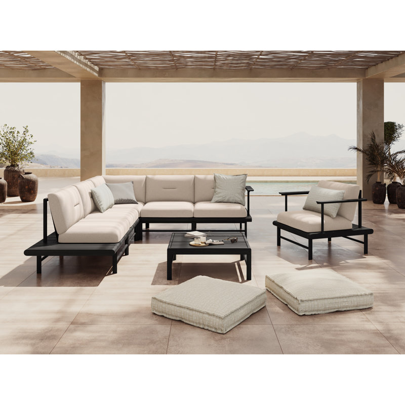245cm Wide Metal Patio Sectional with Cushions, Light Beige