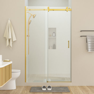 Porte de douche sans cadre l 48 po x H 76 po en verre trempé de 8 mm avec film anti-éclatement, rail en acier inoxydable (sans base de douche)