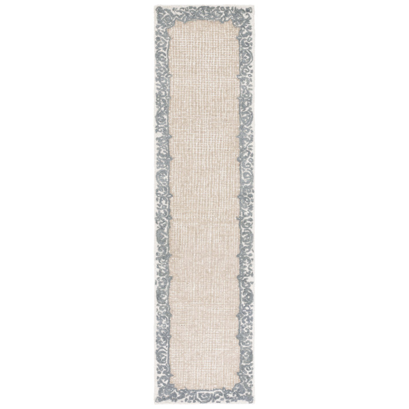 Tapis en laine / coton touffeté à la main ébène en ivoire / gris, Tapis de couloir 2 pi 3 po x 9 pi