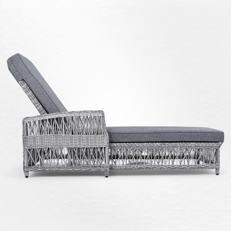 Chaise longue d'extérieur en osier avec coussins, Gris, 1 pièce