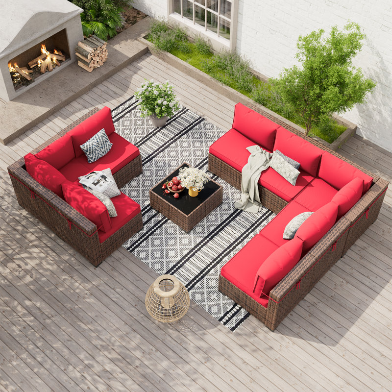 Ensemble de conversation modulaire en rotin avec table basse, Rouge