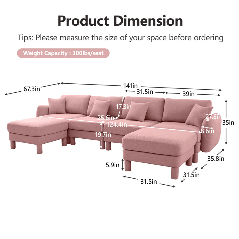 Boucle Fabric Convertible U Shape Sectional 4-Seater Sofa Couch With Distinctive Shell-Shaped Armrests And Removable Ottoman