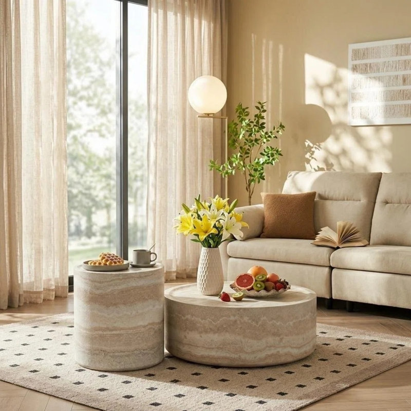31.5'' Round Fiberglass Coffee Table, Modern Marble Pattern Center Table for Living Room, 12" H x 31.5" L x 31.5" W