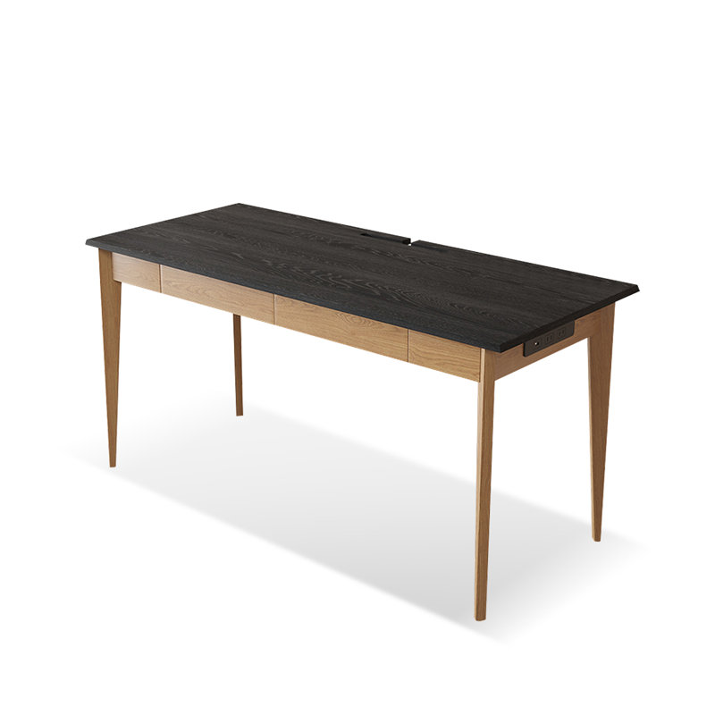 Black+Burlywood Rectangular Solid Wood with 2 drawers desk, 29.53" H x 55.12" W x 27.56" D