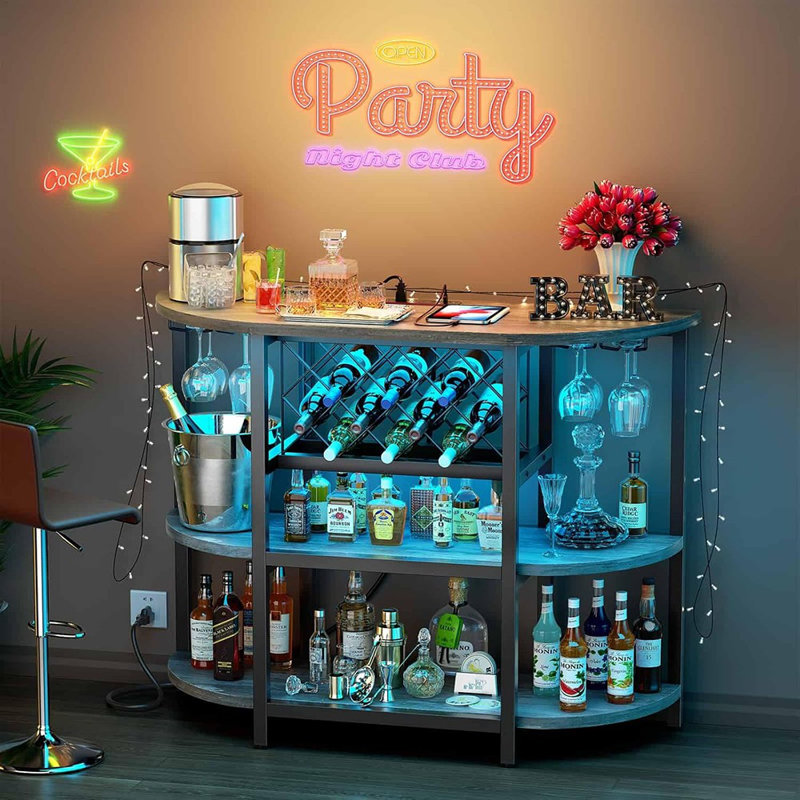 Table-bar avec prise de courant, armoire de bar à domicile pour boissons alcoolisées, mini-bar en métal avec rangement à 4 niveaux