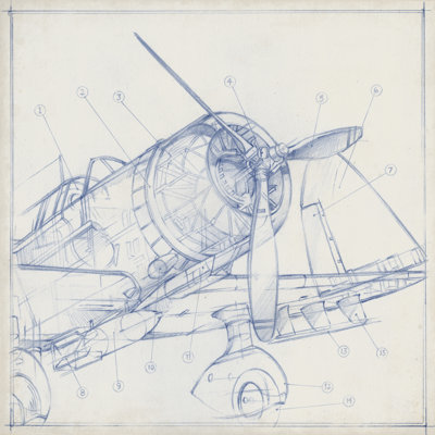 Airplane Mechanical Sketch I 1 Piece Wrapped Canvas Painting