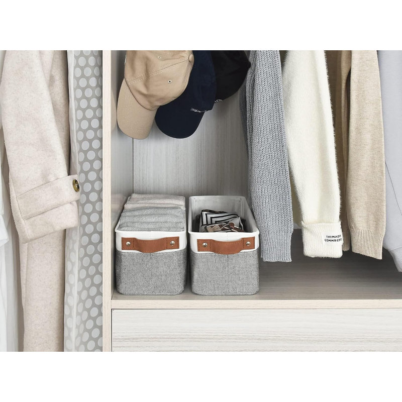 Paniers de rangement étroits, petits paniers, gris et blanc, paquet de 2 avec structure en métal, structure robuste, poignées en polyuréthane, rangement pour papier hygiénique, bacs de rangement longs