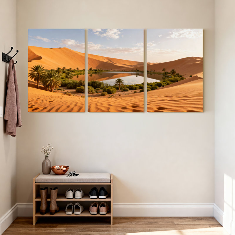 Scène et paysages urbains, oasis du désert, palmiers, dunes de sable, ciel, ensemble de 3 impressions sur toile