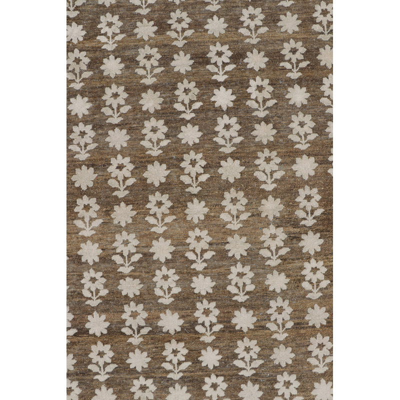 Rug & Kilim’S Modern Block Print Rug In Brown With White Floral Patterns, Rectangle 4' x 6'