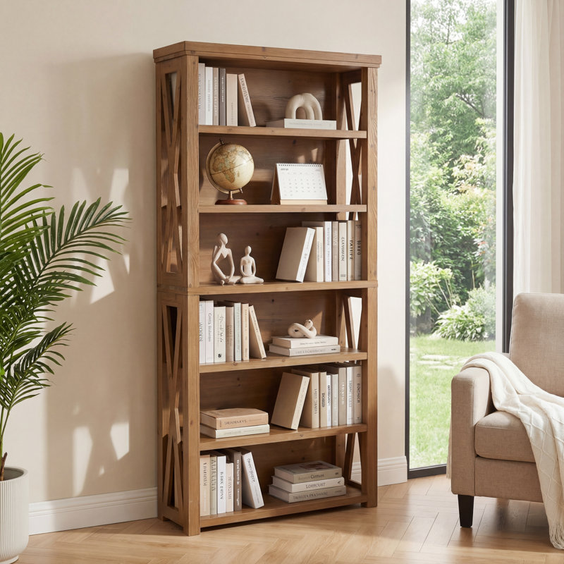 72" Solid Wood Bookshelf, 7-tier Farmhouse Open Bookcase